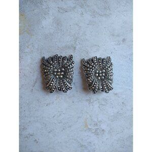 Vintage Abstract Dark Flower Silver Tone Clip On Earrings Estate Jewelry